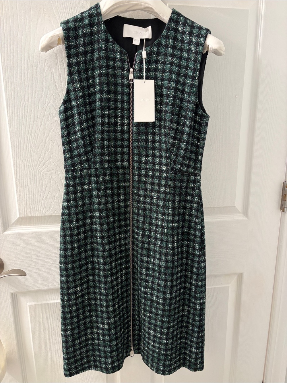 NWT Boss Hugo Boss Darsha Sleeveless Zip-Front Green Plaid Tweed Dress Size 2
